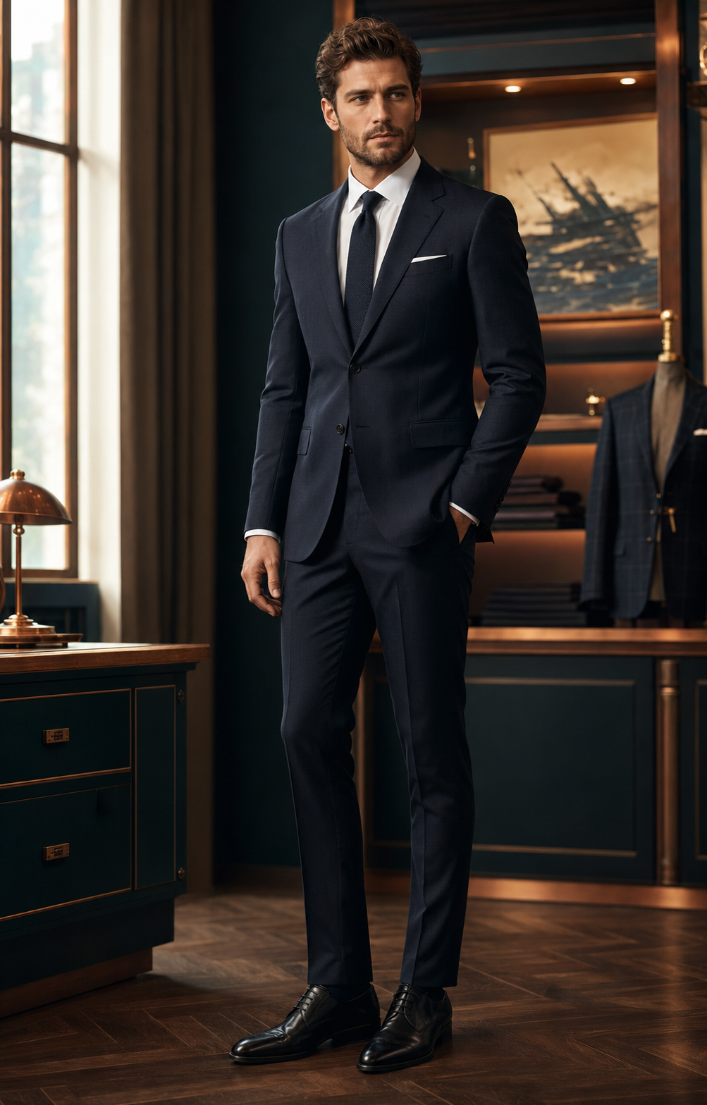 Model wearing a precisely tailored navy suit and matching trousers